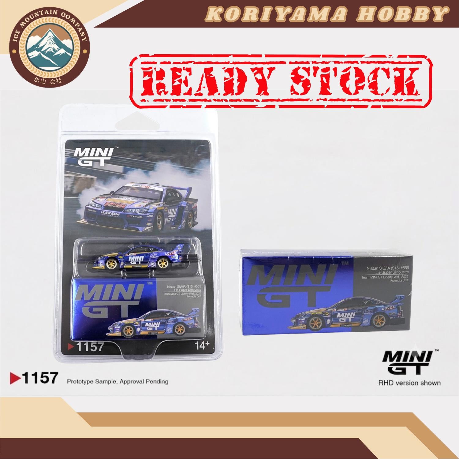Mini GT 1157 Nissan LB-Super Silhouette S15 SILVIA #555 Team MINI GT Liberty Walk 2025 Formula Drift Box/Blister packaging