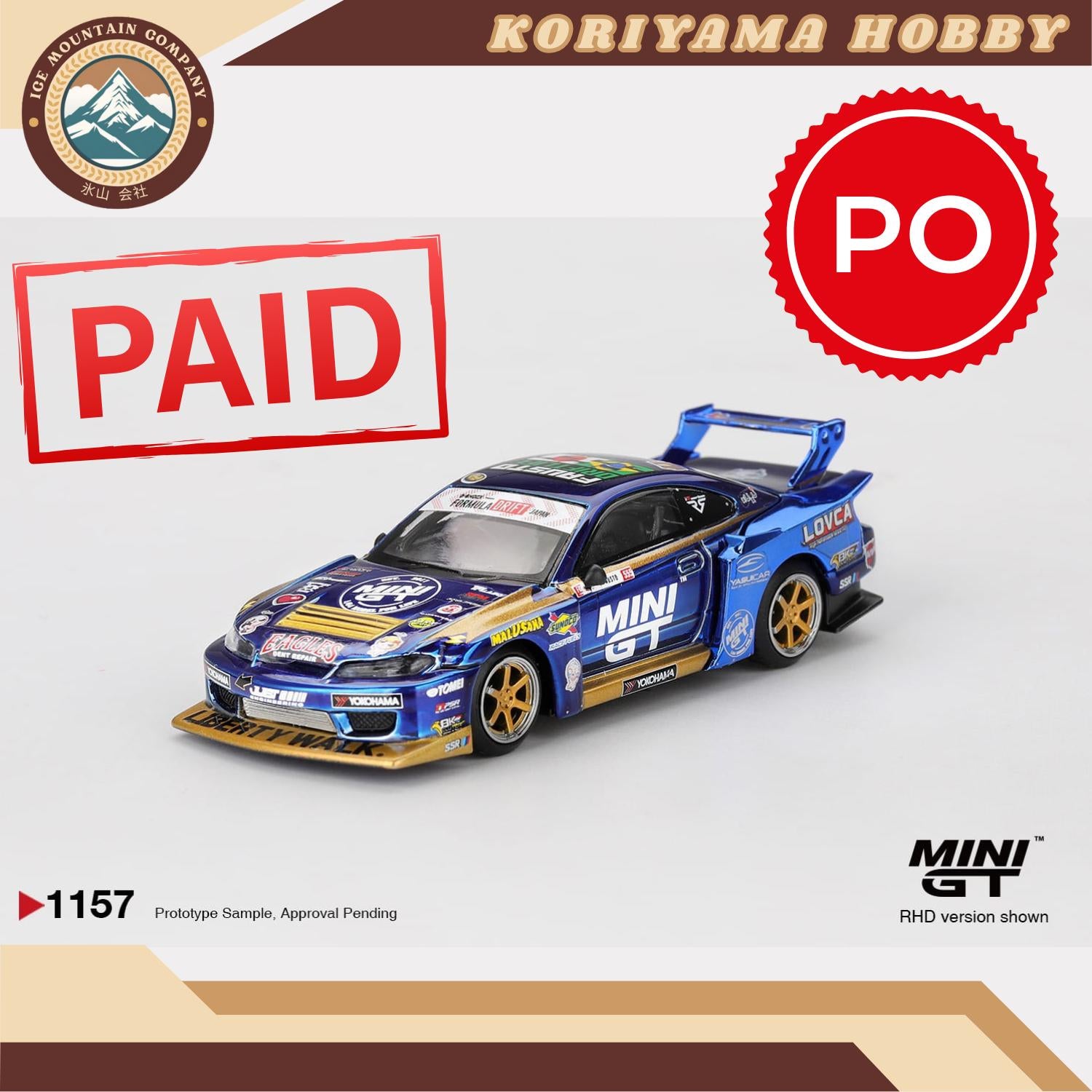 Mini GT 1157 Nissan LB-Super Silhouette S15 SILVIA #555 Team MINI GT Liberty Walk 2025 Formula Drift Box/Blister packaging