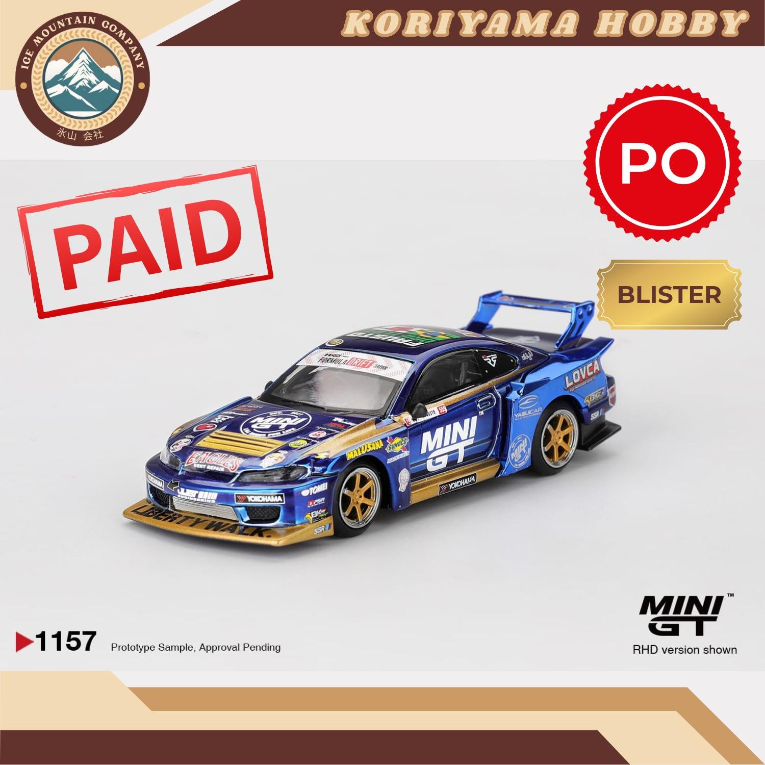 Mini GT 1157 Nissan LB-Super Silhouette S15 SILVIA #555 Team MINI GT Liberty Walk 2025 Formula Drift Box/Blister packaging