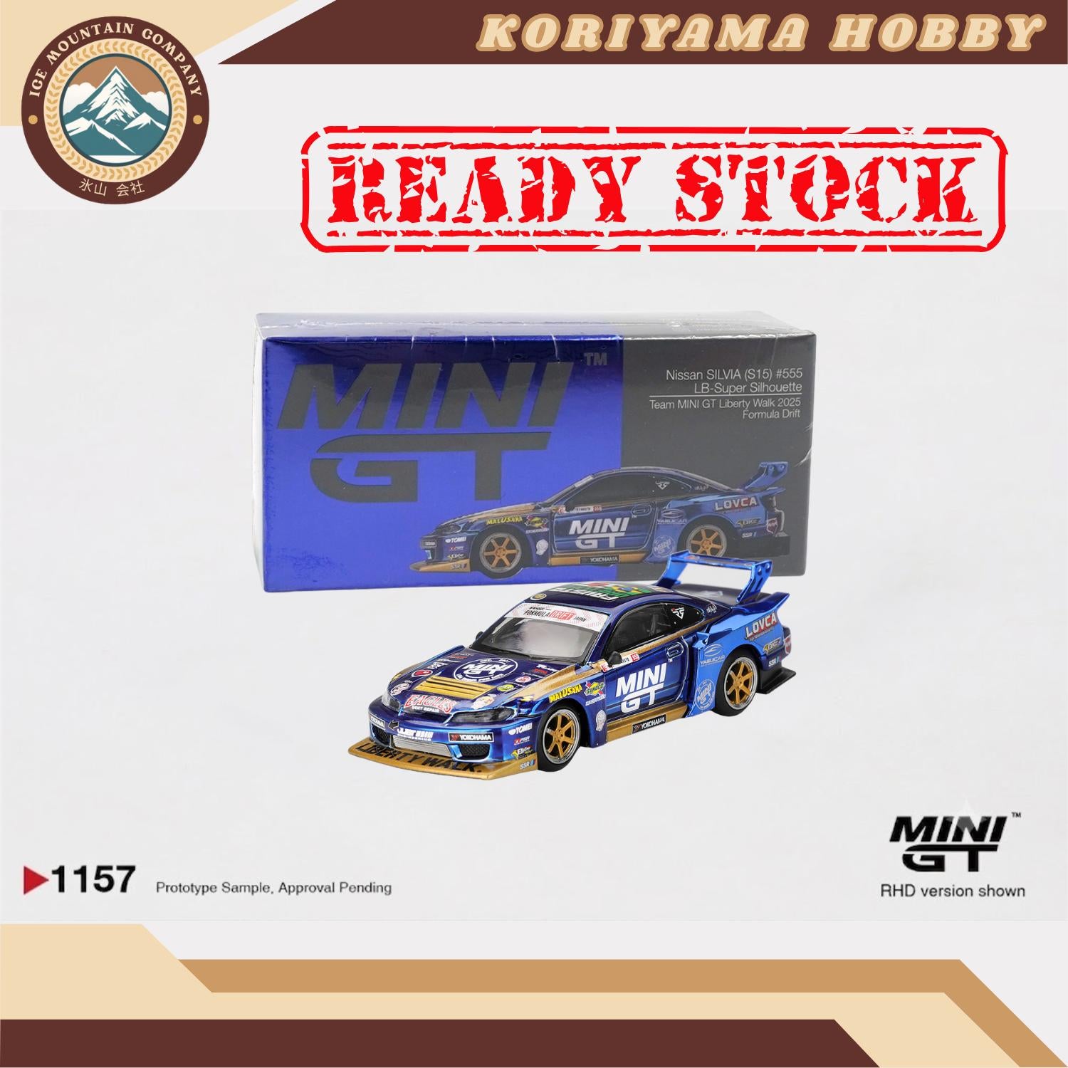 Mini GT 1157 Nissan LB-Super Silhouette S15 SILVIA #555 Team MINI GT Liberty Walk 2025 Formula Drift Box/Blister packaging