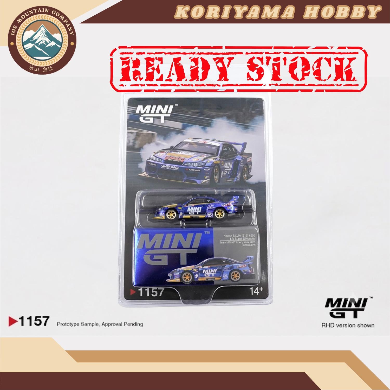 Mini GT 1157 Nissan LB-Super Silhouette S15 SILVIA #555 Team MINI GT Liberty Walk 2025 Formula Drift Box/Blister packaging