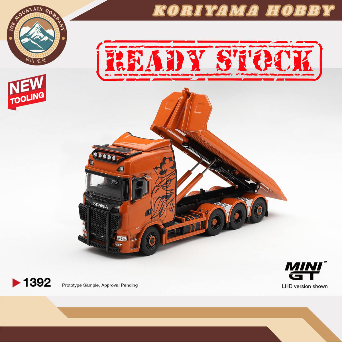 Mini GT 1392 Scania 770S B8x4NA Hooklift Flatbed Orange MiniGT