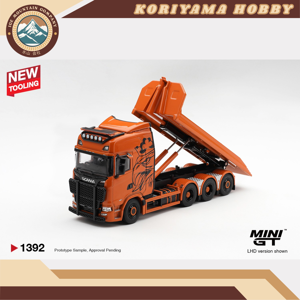 Mini GT 1392 Scania 770S B8x4NA Hooklift Flatbed Orange MiniGT