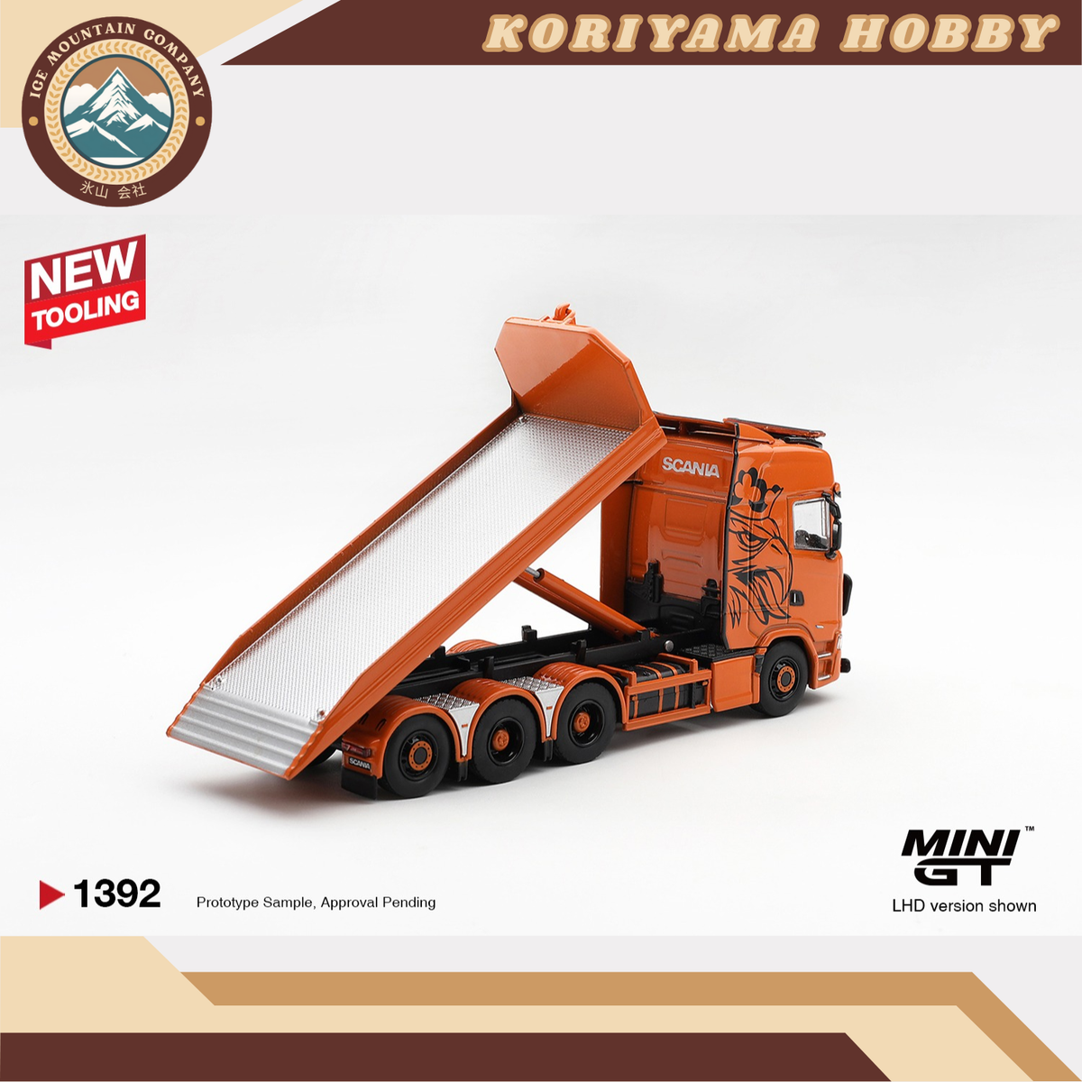 Mini GT 1392 Scania 770S B8x4NA Hooklift Flatbed Orange MiniGT