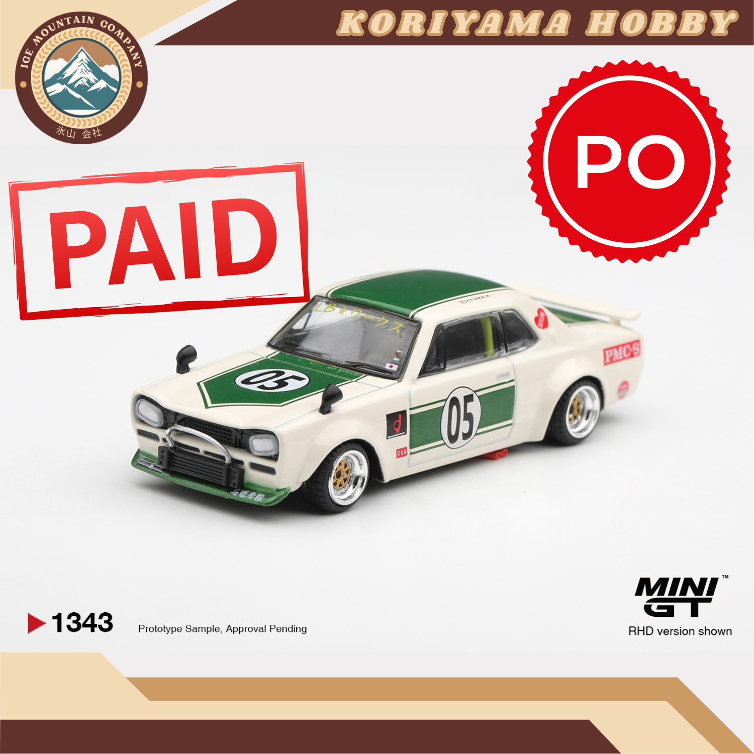 Mini GT 1343 Nissan Skyline LB-WORKS "HAKOSUKA" White / Green MiniGT