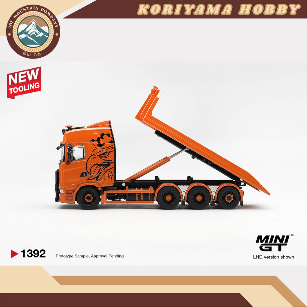 Mini GT 1392 Scania 770S B8x4NA Hooklift Flatbed Orange MiniGT