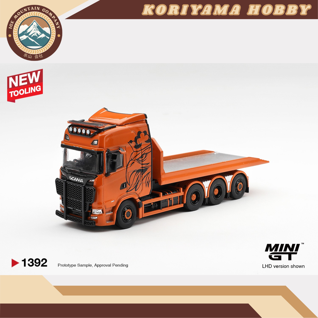 Mini GT 1392 Scania 770S B8x4NA Hooklift Flatbed Orange MiniGT
