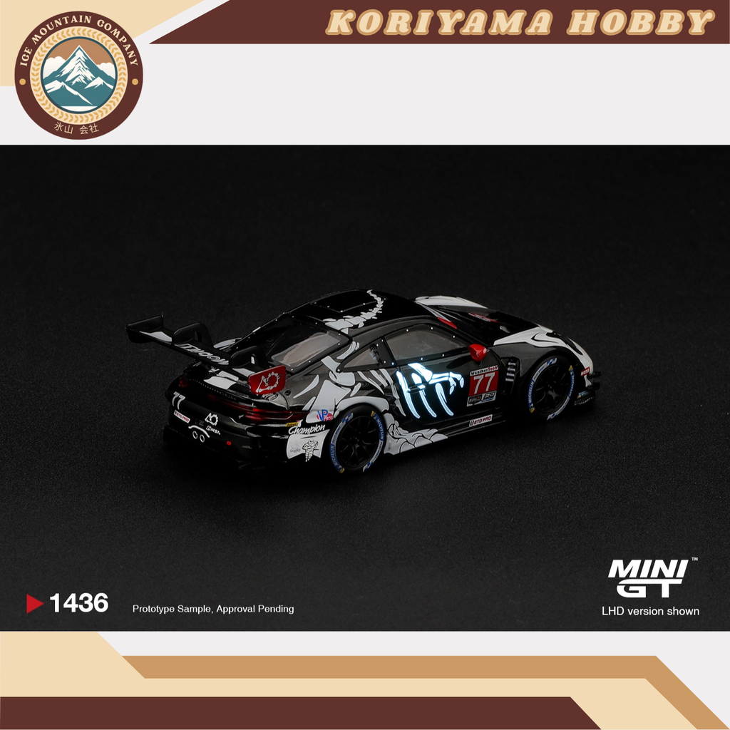 Mini GT 1436 Porsche 911 GT3 R (992) #77 AO Racing Skeleton Rexy 2026 IMSA Petit Le Mans MiniGT