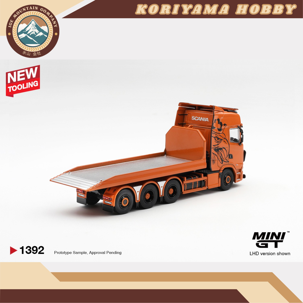 Mini GT 1392 Scania 770S B8x4NA Hooklift Flatbed Orange MiniGT