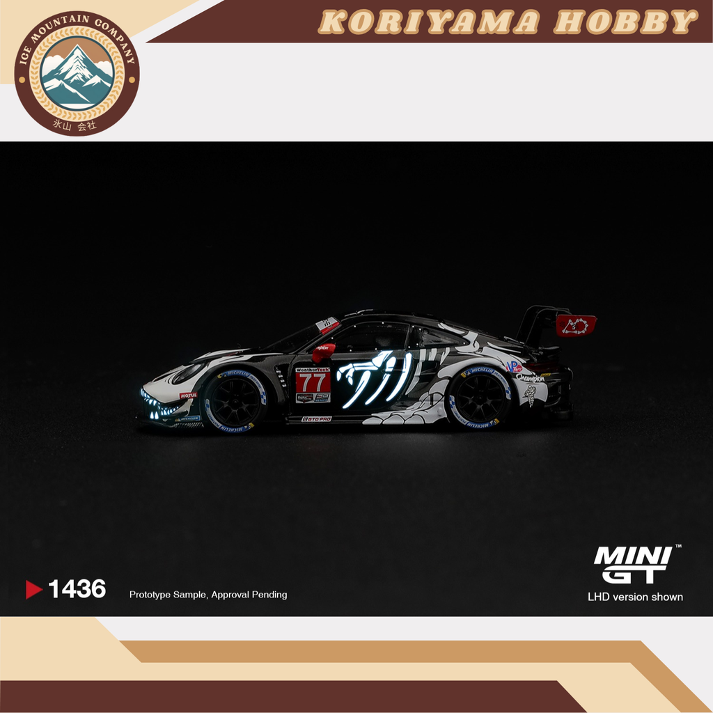 Mini GT 1436 Porsche 911 GT3 R (992) #77 AO Racing Skeleton Rexy 2026 IMSA Petit Le Mans MiniGT