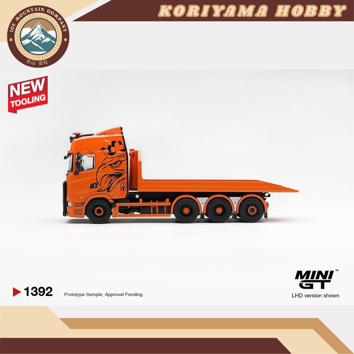 Mini GT 1392 Scania 770S B8x4NA Hooklift Flatbed Orange MiniGT