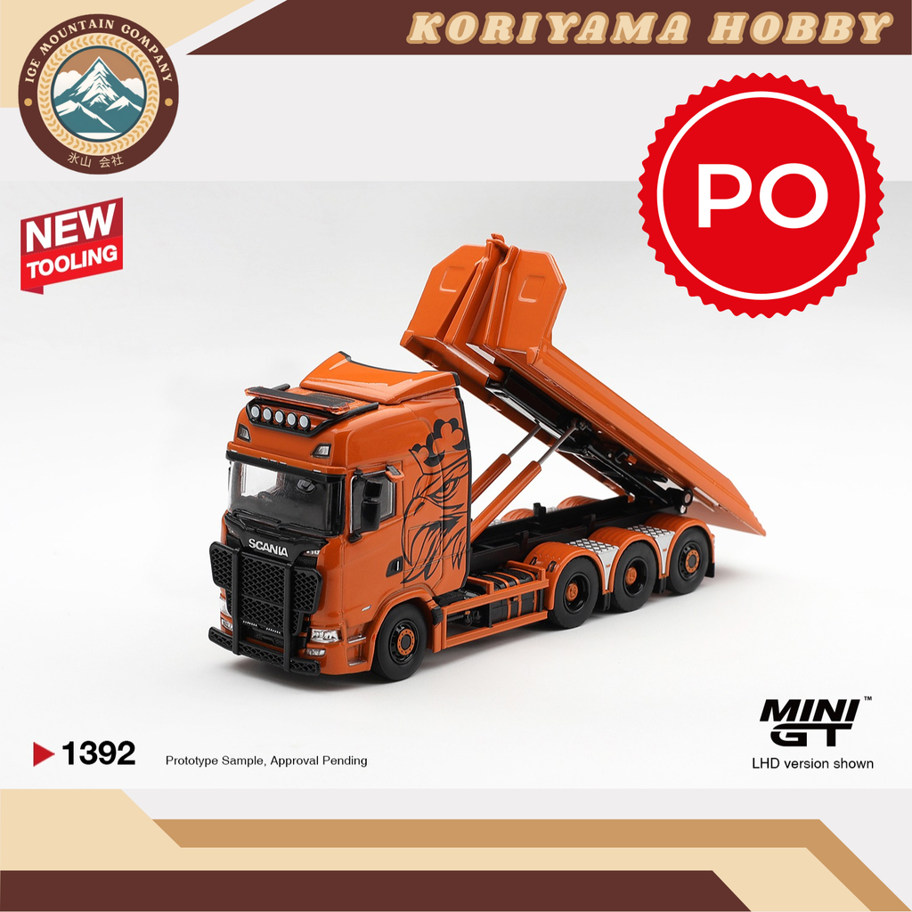 Mini GT 1392 Scania 770S B8x4NA Hooklift Flatbed Orange MiniGT