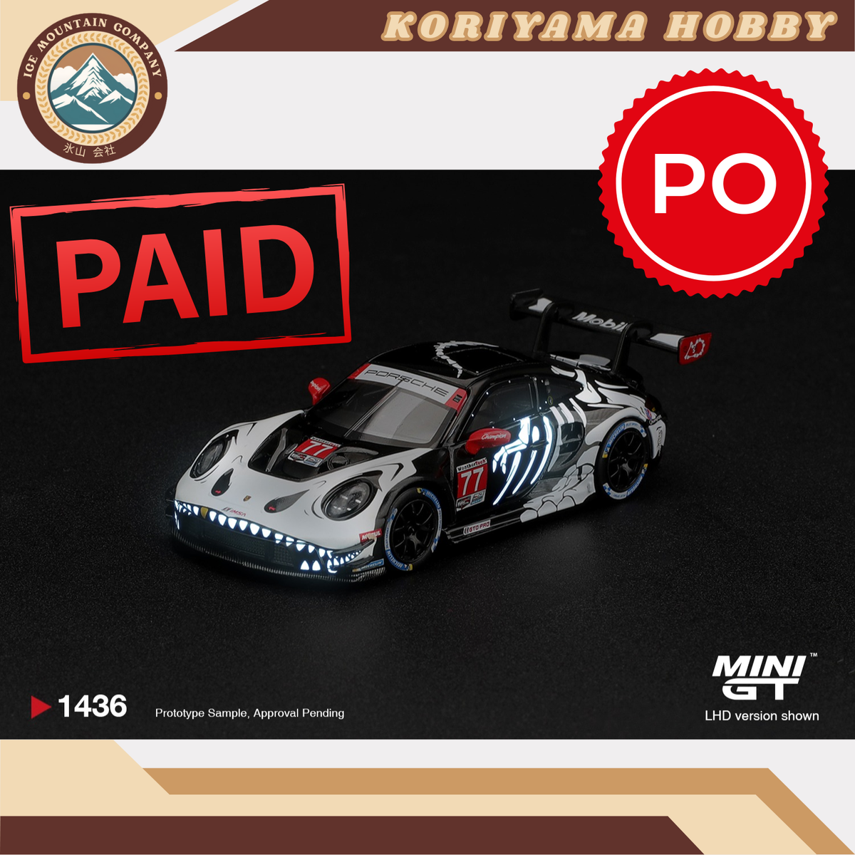 Mini GT 1436 Porsche 911 GT3 R (992) #77 AO Racing Skeleton Rexy 2026 IMSA Petit Le Mans MiniGT