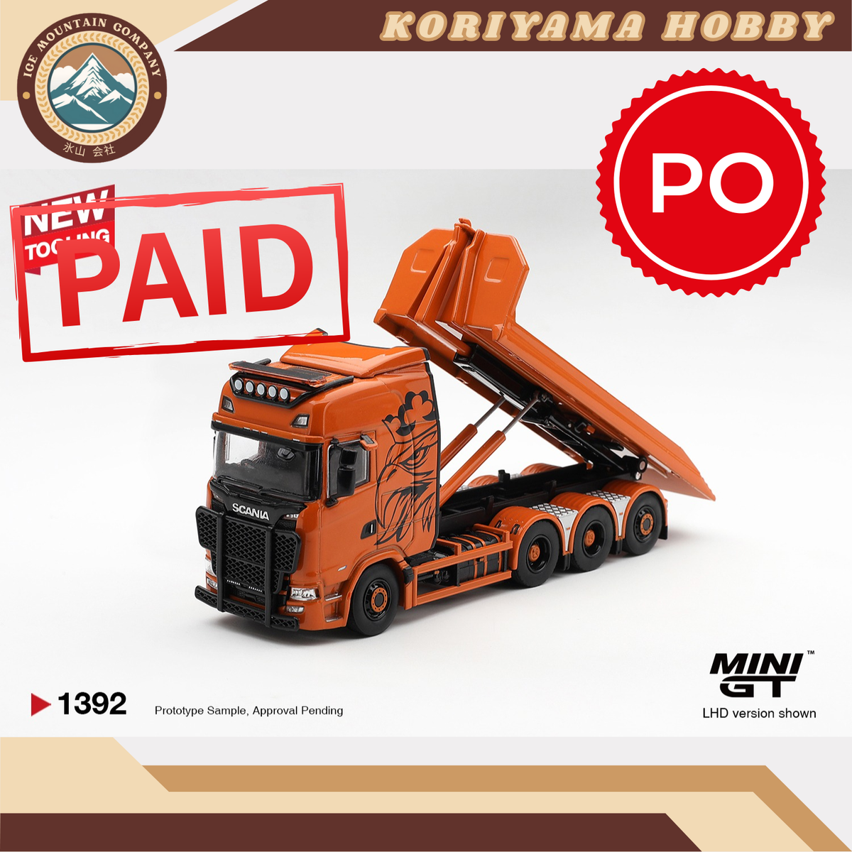 Mini GT 1392 Scania 770S B8x4NA Hooklift Flatbed Orange MiniGT